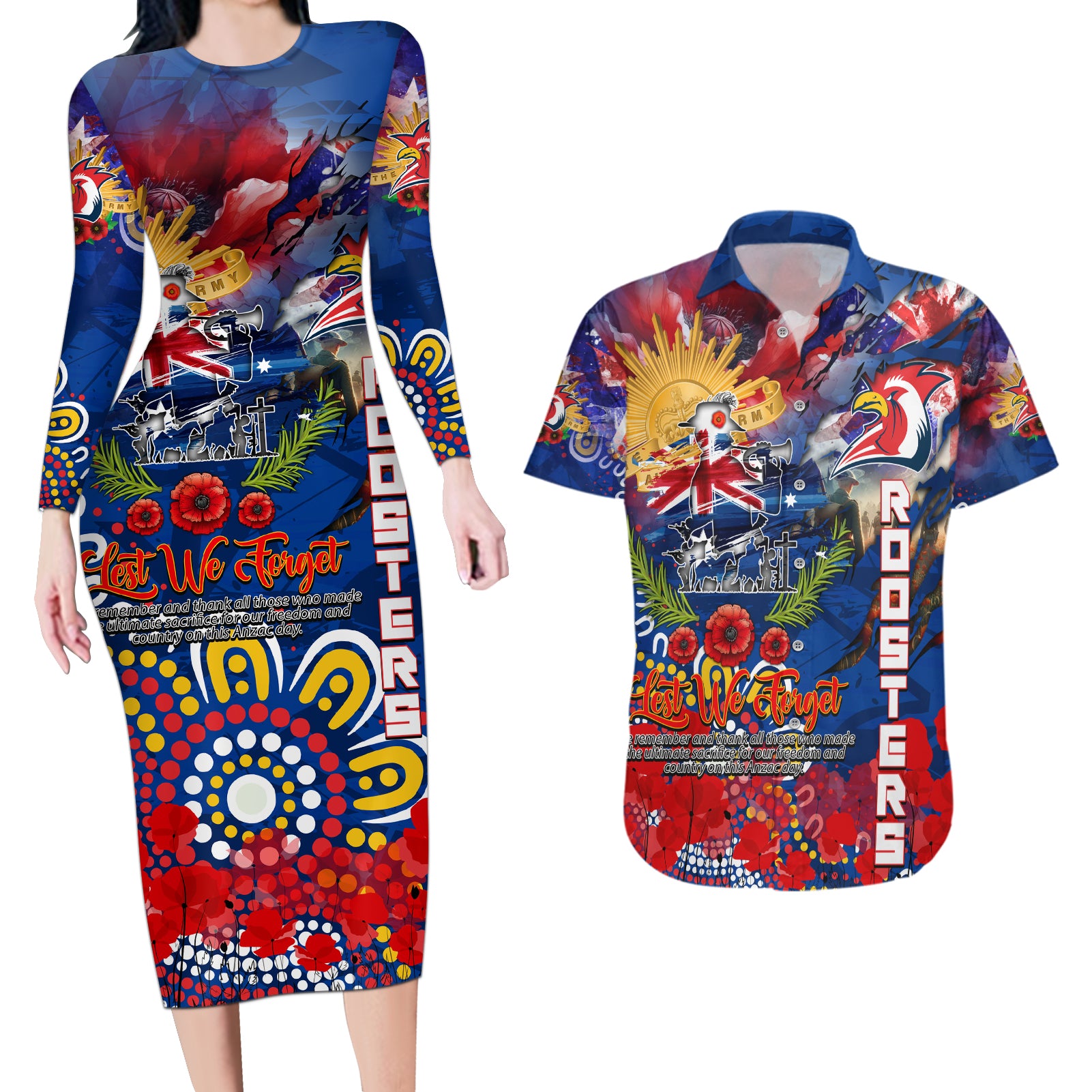Personalised Australia Rugby Roosters ANZAC Couples Matching Long Sleeve Bodycon Dress and Hawaiian Shirt Sydney Scratch Style
