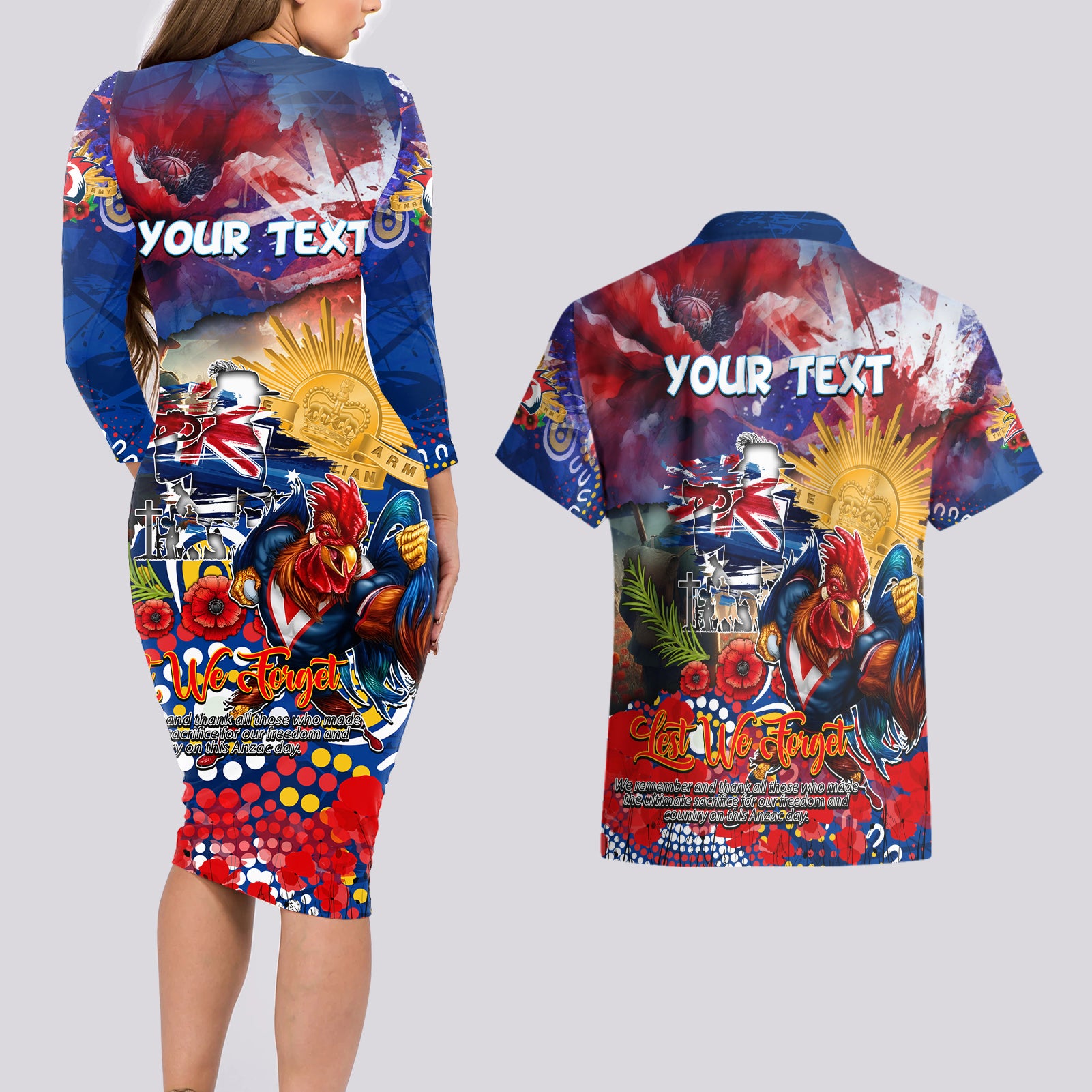 Personalised Australia Rugby Roosters ANZAC Couples Matching Long Sleeve Bodycon Dress and Hawaiian Shirt Sydney Scratch Style