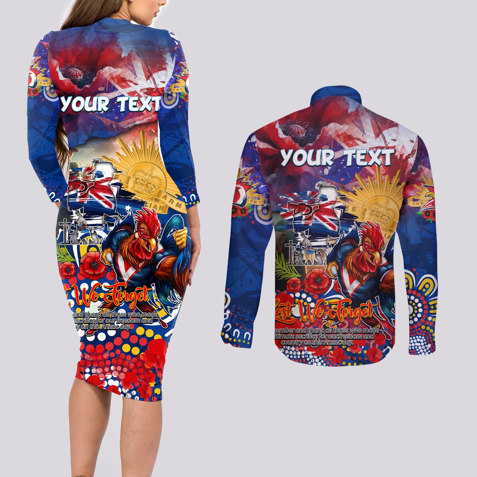 Personalised Australia Rugby Roosters ANZAC Couples Matching Long Sleeve Bodycon Dress and Long Sleeve Button Shirt Sydney Scratch Style