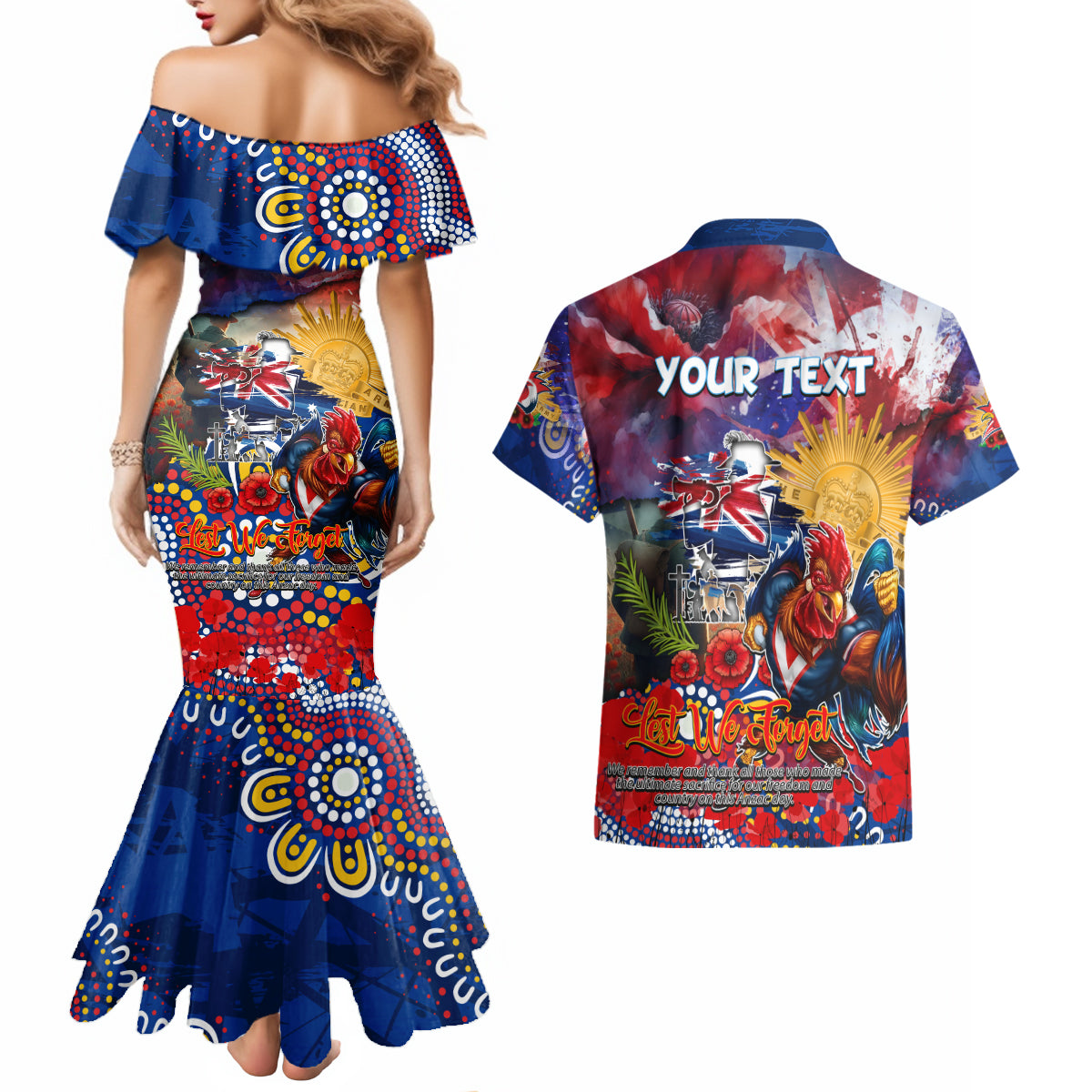 Personalised Australia Rugby Roosters ANZAC Couples Matching Mermaid Dress and Hawaiian Shirt Sydney Scratch Style