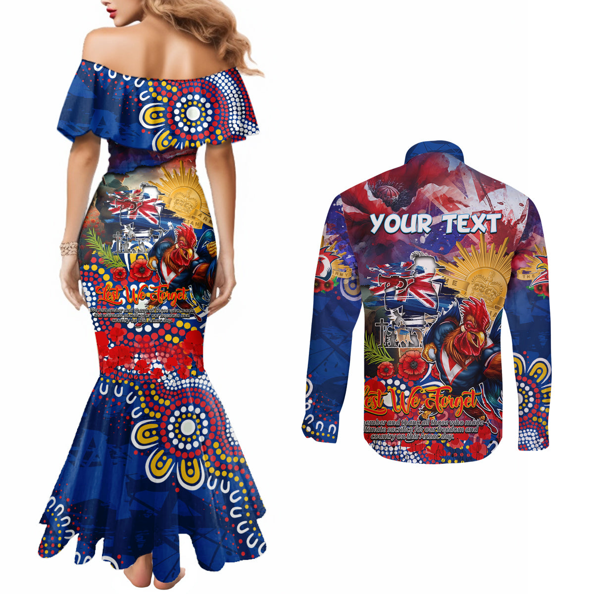 Personalised Australia Rugby Roosters ANZAC Couples Matching Mermaid Dress and Long Sleeve Button Shirt Sydney Scratch Style