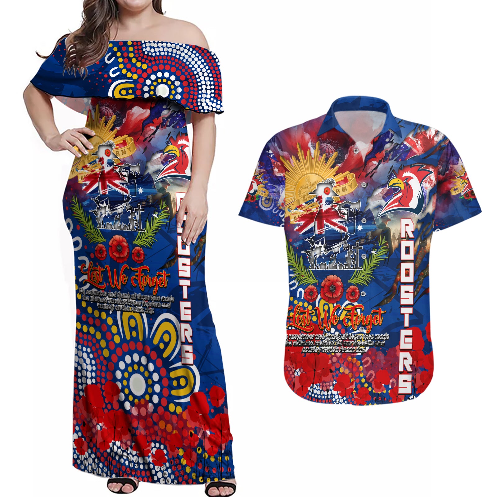 Personalised Australia Rugby Roosters ANZAC Couples Matching Off Shoulder Maxi Dress and Hawaiian Shirt Sydney Scratch Style