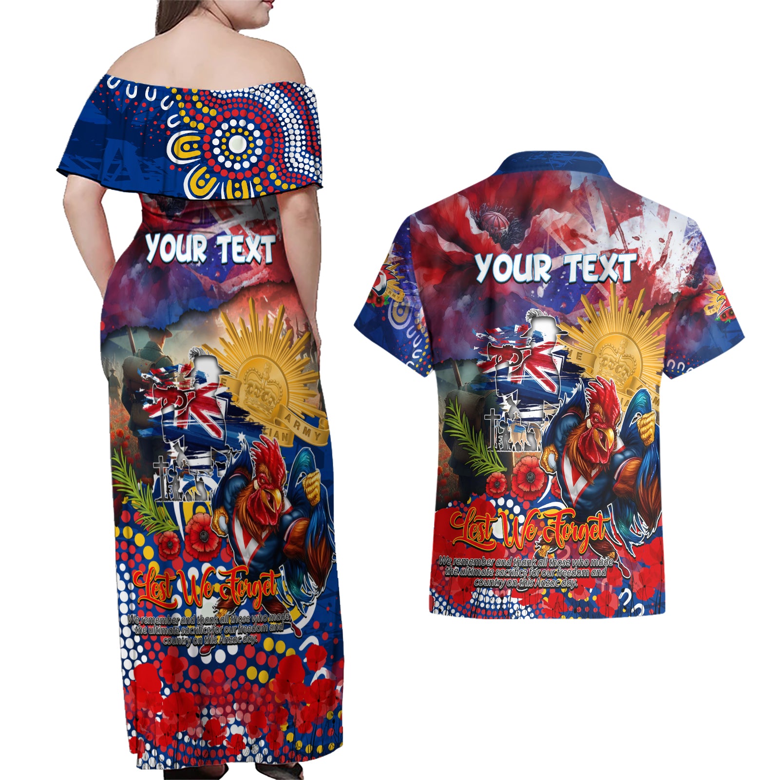 Personalised Australia Rugby Roosters ANZAC Couples Matching Off Shoulder Maxi Dress and Hawaiian Shirt Sydney Scratch Style