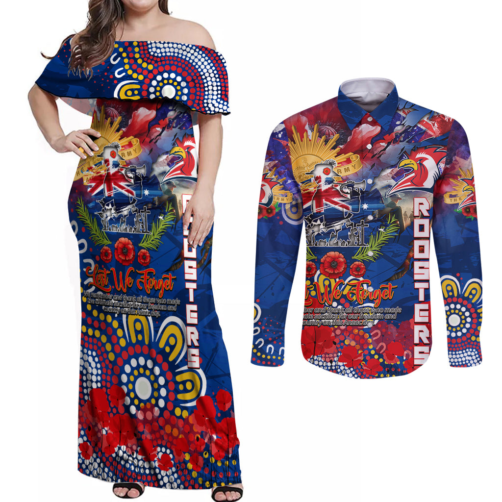 Personalised Australia Rugby Roosters ANZAC Couples Matching Off Shoulder Maxi Dress and Long Sleeve Button Shirt Sydney Scratch Style