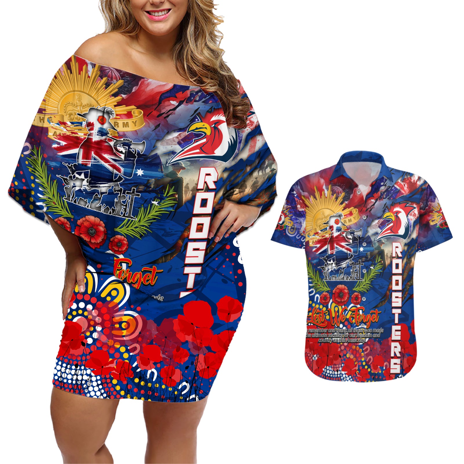 Personalised Australia Rugby Roosters ANZAC Couples Matching Off Shoulder Short Dress and Hawaiian Shirt Sydney Scratch Style