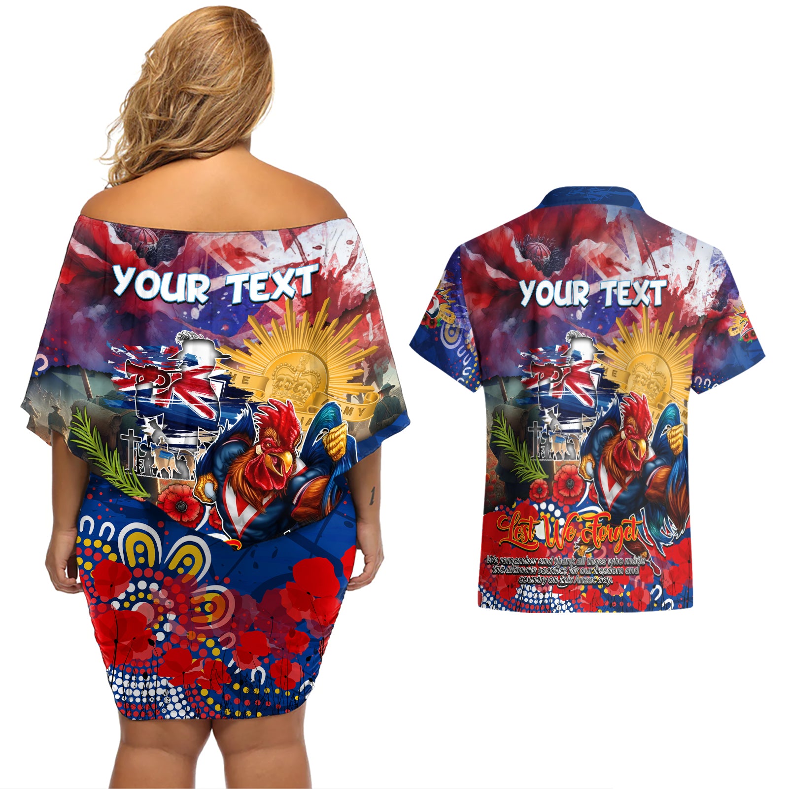 Personalised Australia Rugby Roosters ANZAC Couples Matching Off Shoulder Short Dress and Hawaiian Shirt Sydney Scratch Style