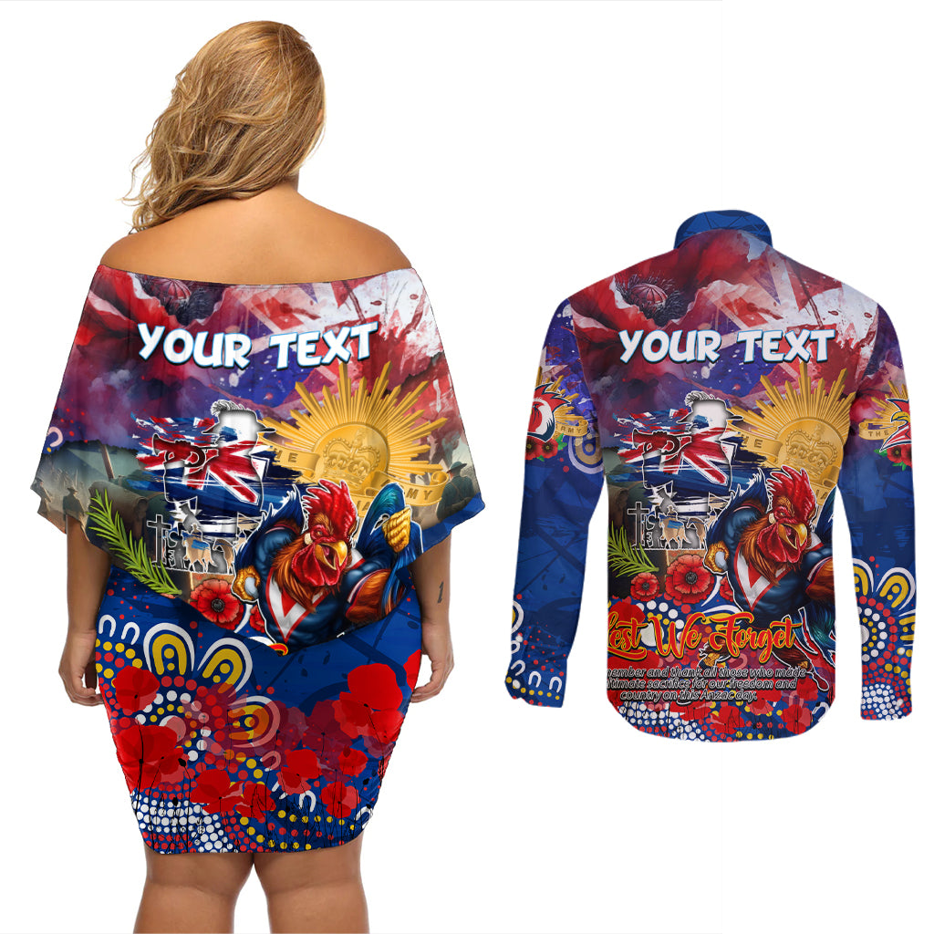 Personalised Australia Rugby Roosters ANZAC Couples Matching Off Shoulder Short Dress and Long Sleeve Button Shirt Sydney Scratch Style