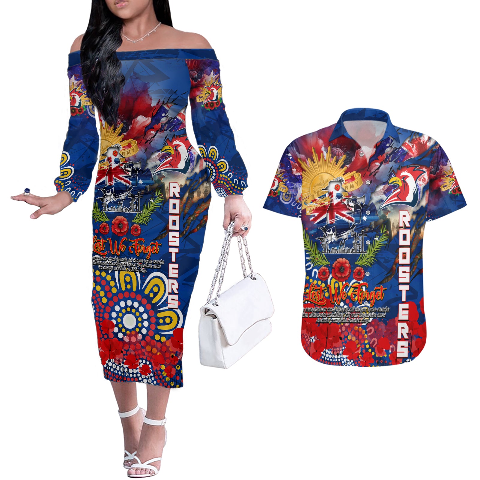 Personalised Australia Rugby Roosters ANZAC Couples Matching Off The Shoulder Long Sleeve Dress and Hawaiian Shirt Sydney Scratch Style
