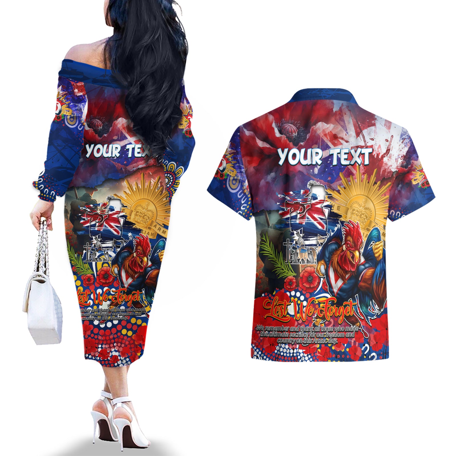 Personalised Australia Rugby Roosters ANZAC Couples Matching Off The Shoulder Long Sleeve Dress and Hawaiian Shirt Sydney Scratch Style