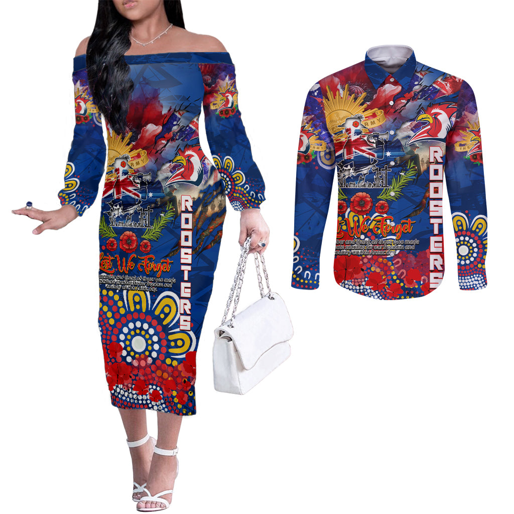 Personalised Australia Rugby Roosters ANZAC Couples Matching Off The Shoulder Long Sleeve Dress and Long Sleeve Button Shirt Sydney Scratch Style
