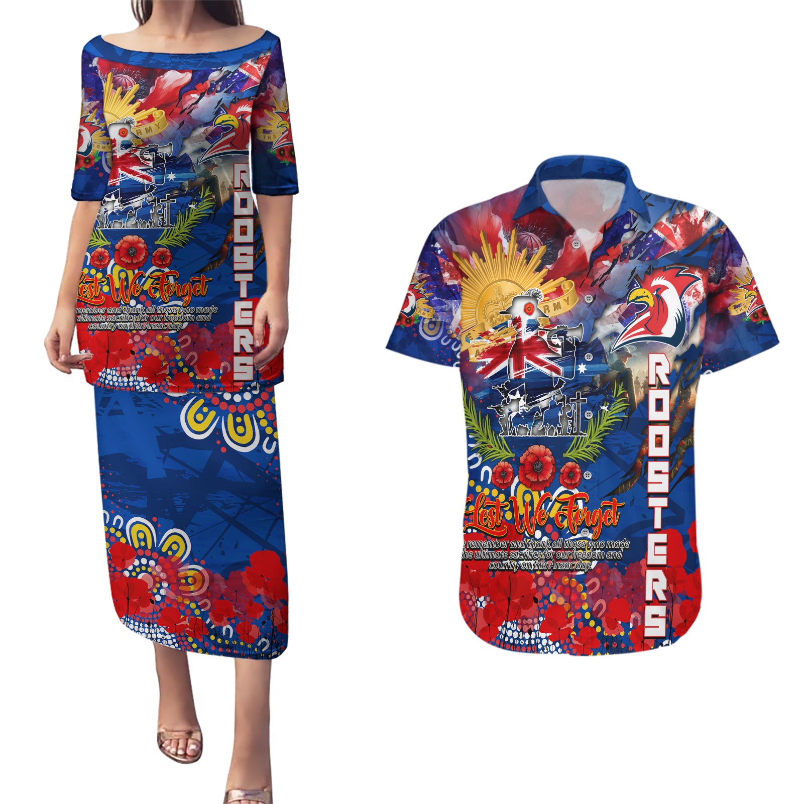 Personalised Australia Rugby Roosters ANZAC Couples Matching Puletasi and Hawaiian Shirt Sydney Scratch Style