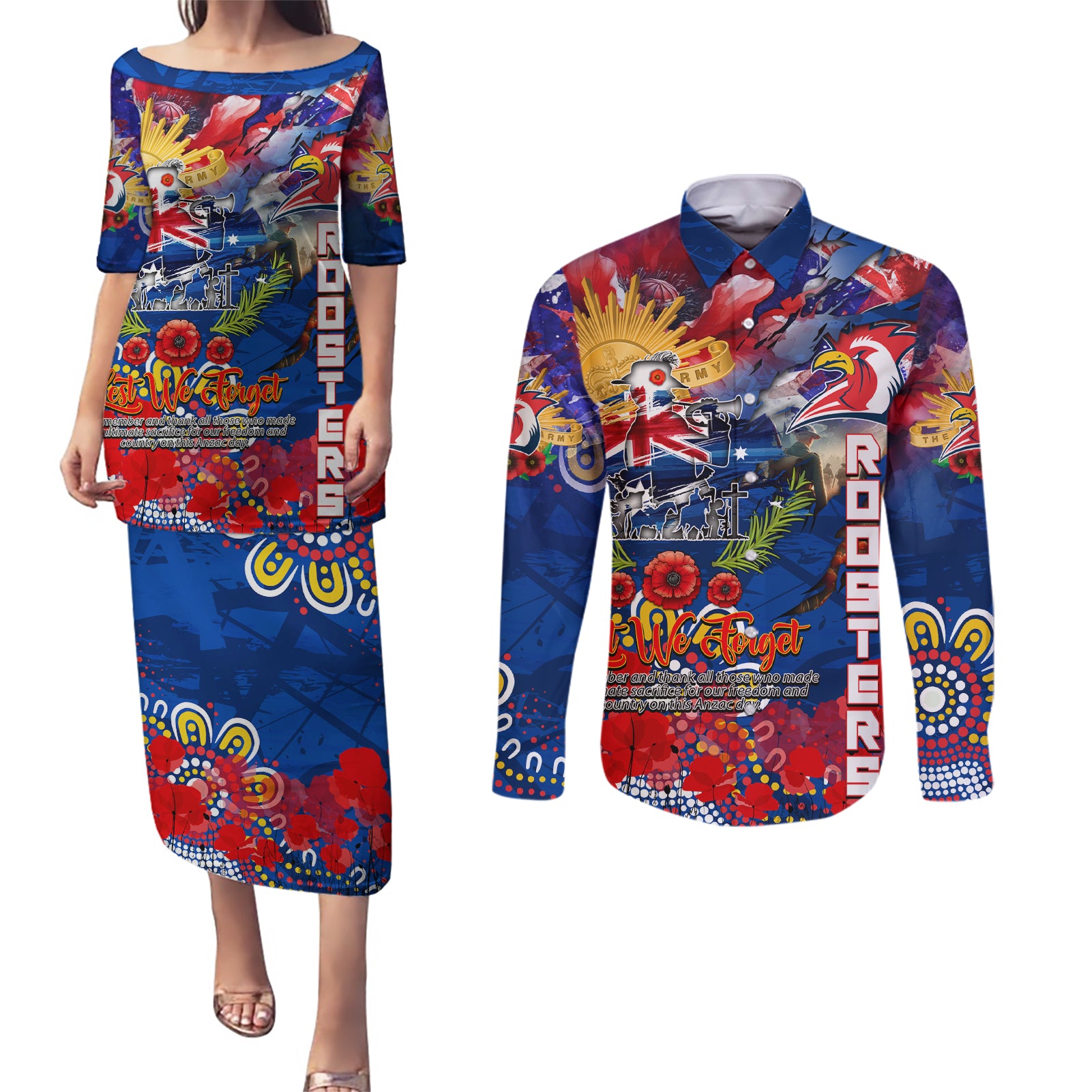 Personalised Australia Rugby Roosters ANZAC Couples Matching Puletasi and Long Sleeve Button Shirt Sydney Scratch Style