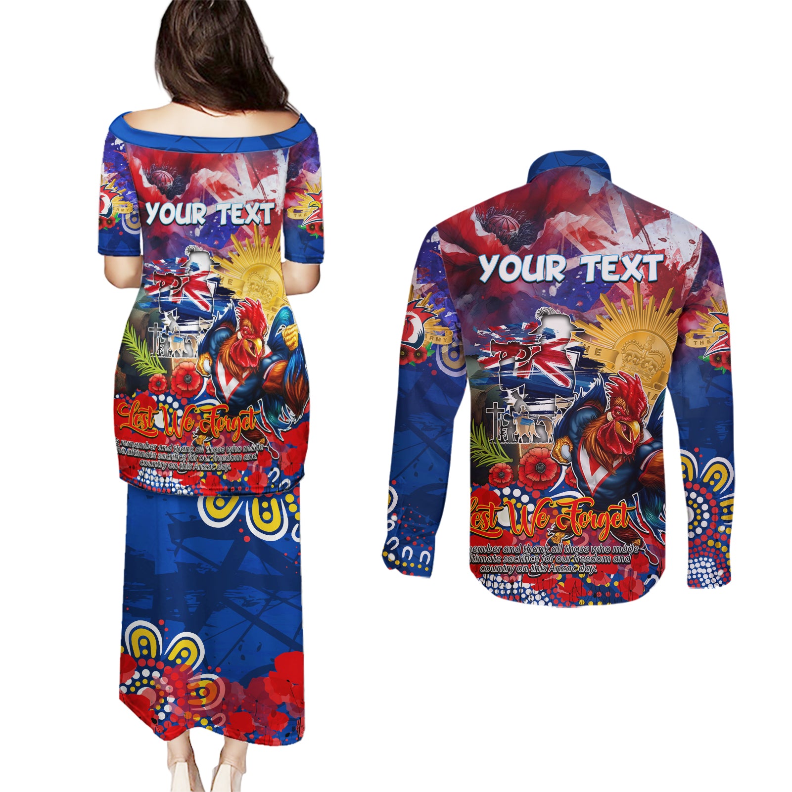 Personalised Australia Rugby Roosters ANZAC Couples Matching Puletasi and Long Sleeve Button Shirt Sydney Scratch Style