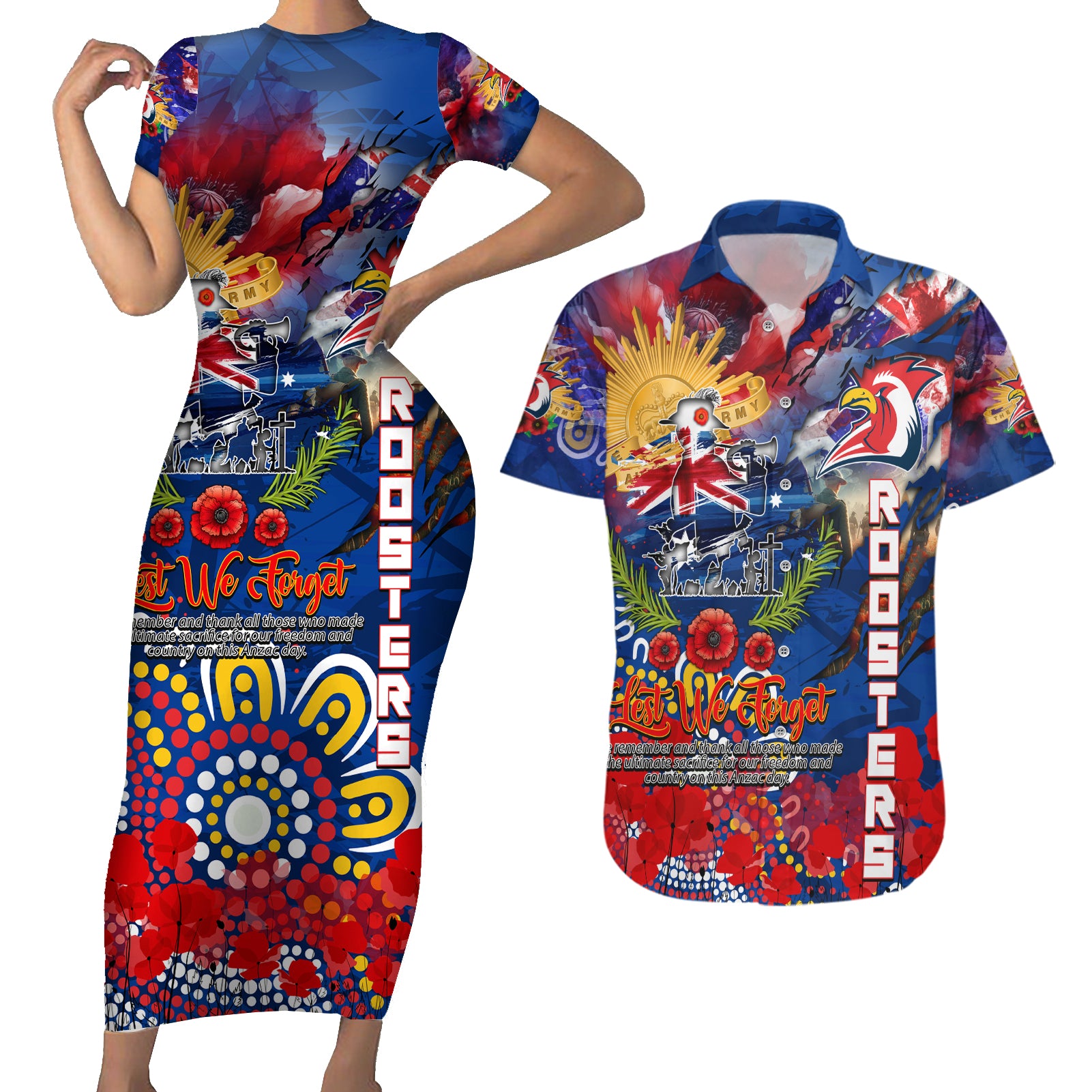 Personalised Australia Rugby Roosters ANZAC Couples Matching Short Sleeve Bodycon Dress and Hawaiian Shirt Sydney Scratch Style