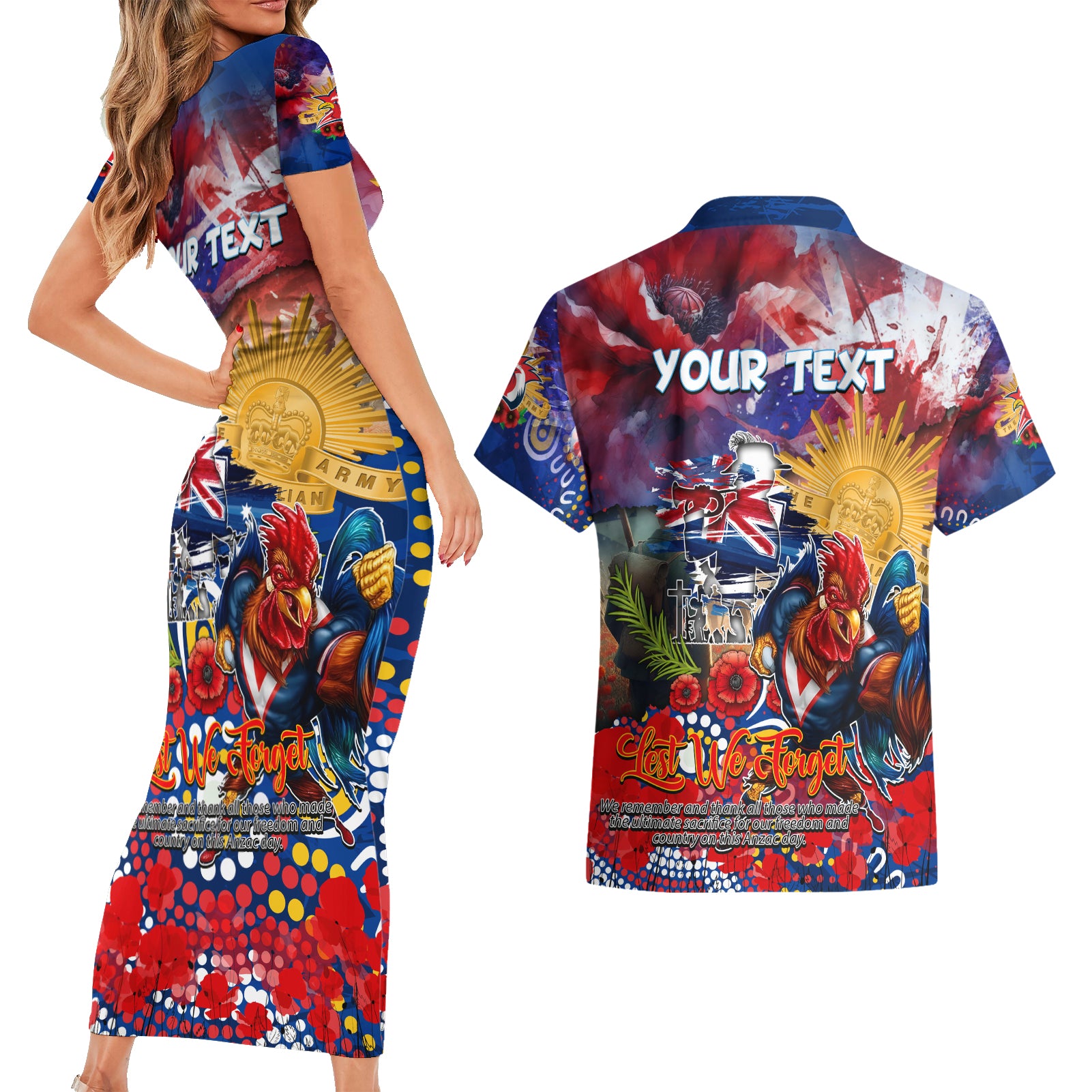 Personalised Australia Rugby Roosters ANZAC Couples Matching Short Sleeve Bodycon Dress and Hawaiian Shirt Sydney Scratch Style