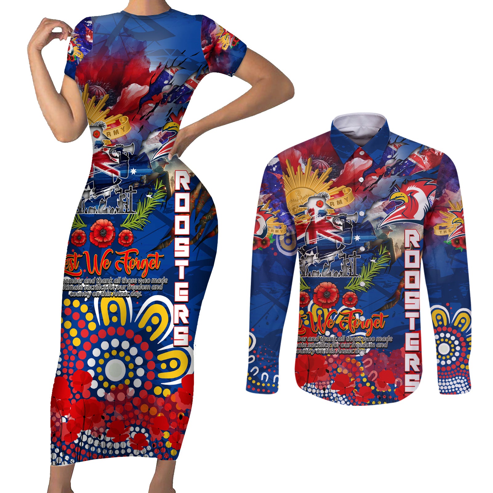 Personalised Australia Rugby Roosters ANZAC Couples Matching Short Sleeve Bodycon Dress and Long Sleeve Button Shirt Sydney Scratch Style