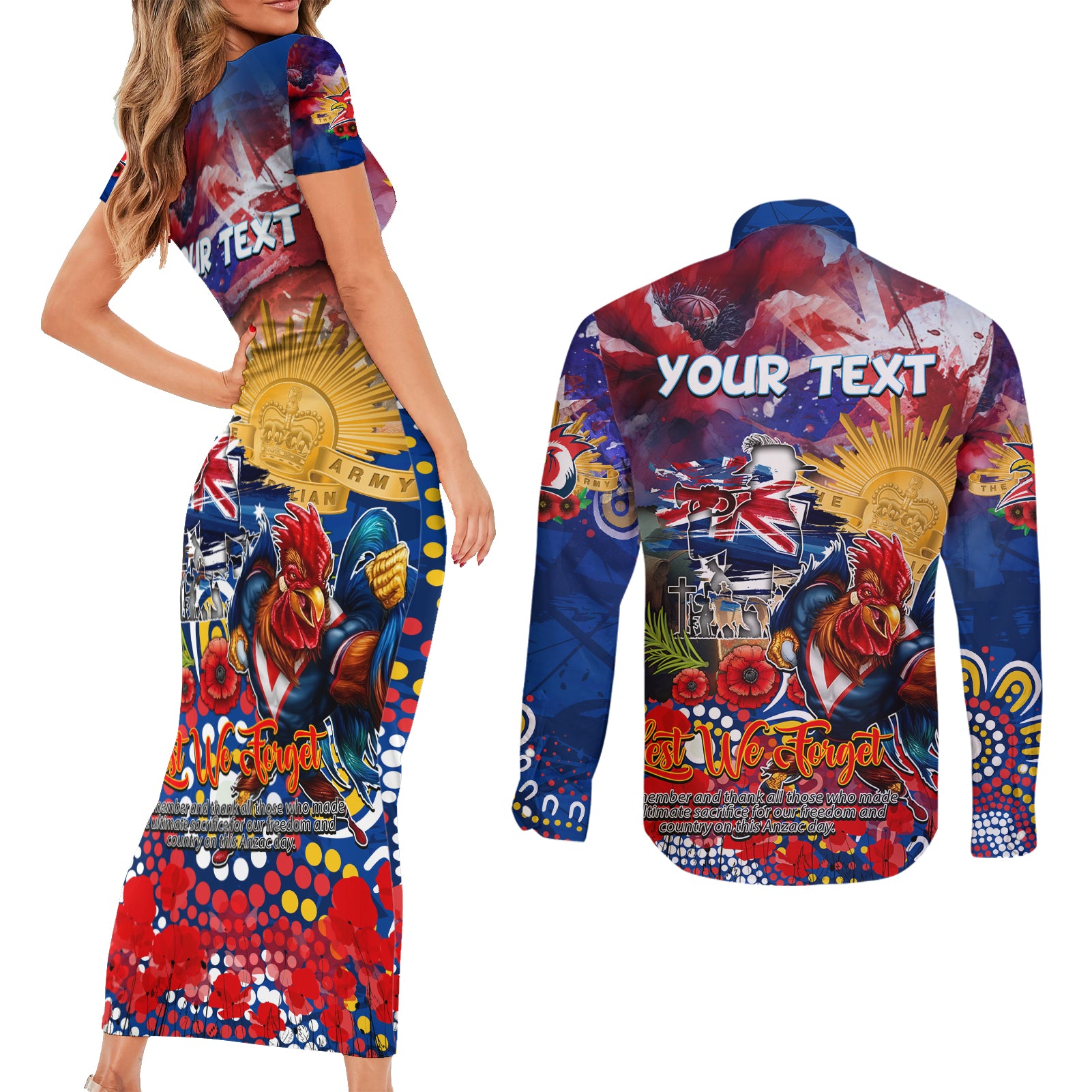 Personalised Australia Rugby Roosters ANZAC Couples Matching Short Sleeve Bodycon Dress and Long Sleeve Button Shirt Sydney Scratch Style