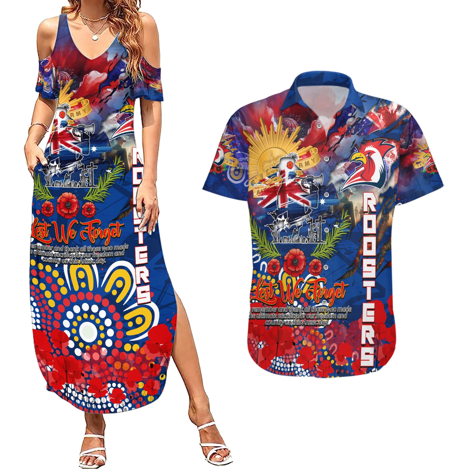 Personalised Australia Rugby Roosters ANZAC Couples Matching Summer Maxi Dress and Hawaiian Shirt Sydney Scratch Style