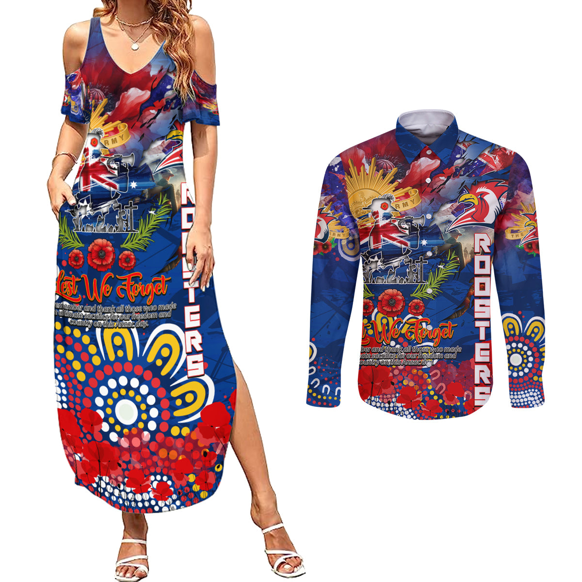 Personalised Australia Rugby Roosters ANZAC Couples Matching Summer Maxi Dress and Long Sleeve Button Shirt Sydney Scratch Style