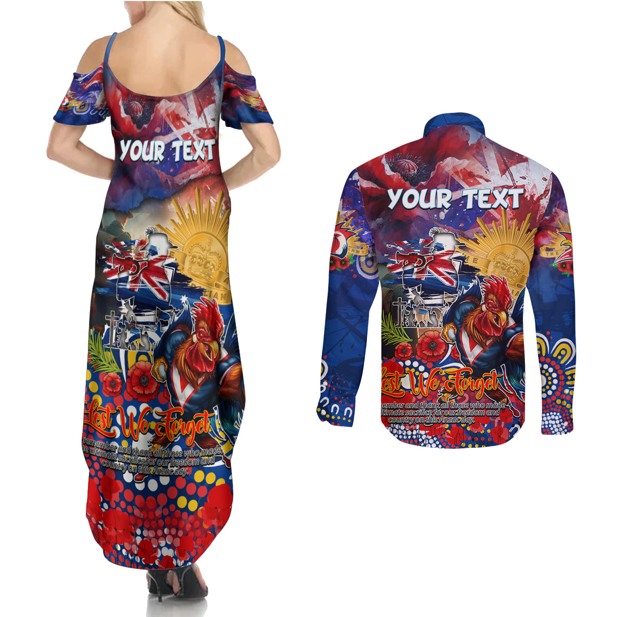 Personalised Australia Rugby Roosters ANZAC Couples Matching Summer Maxi Dress and Long Sleeve Button Shirt Sydney Scratch Style