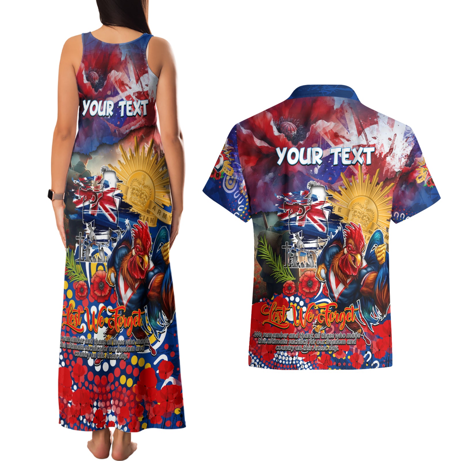 Personalised Australia Rugby Roosters ANZAC Couples Matching Tank Maxi Dress and Hawaiian Shirt Sydney Scratch Style