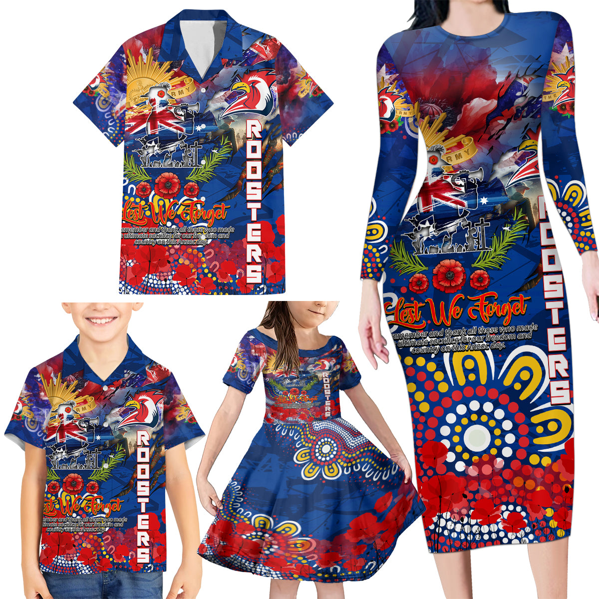 Personalised Australia Rugby Roosters ANZAC Family Matching Long Sleeve Bodycon Dress and Hawaiian Shirt Sydney Scratch Style