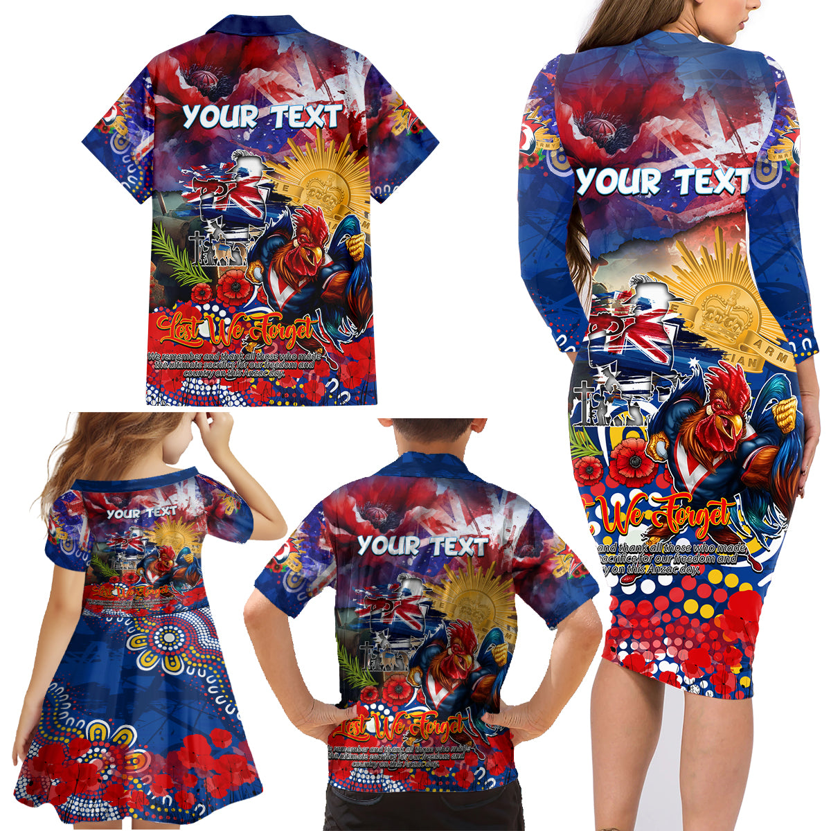 Personalised Australia Rugby Roosters ANZAC Family Matching Long Sleeve Bodycon Dress and Hawaiian Shirt Sydney Scratch Style