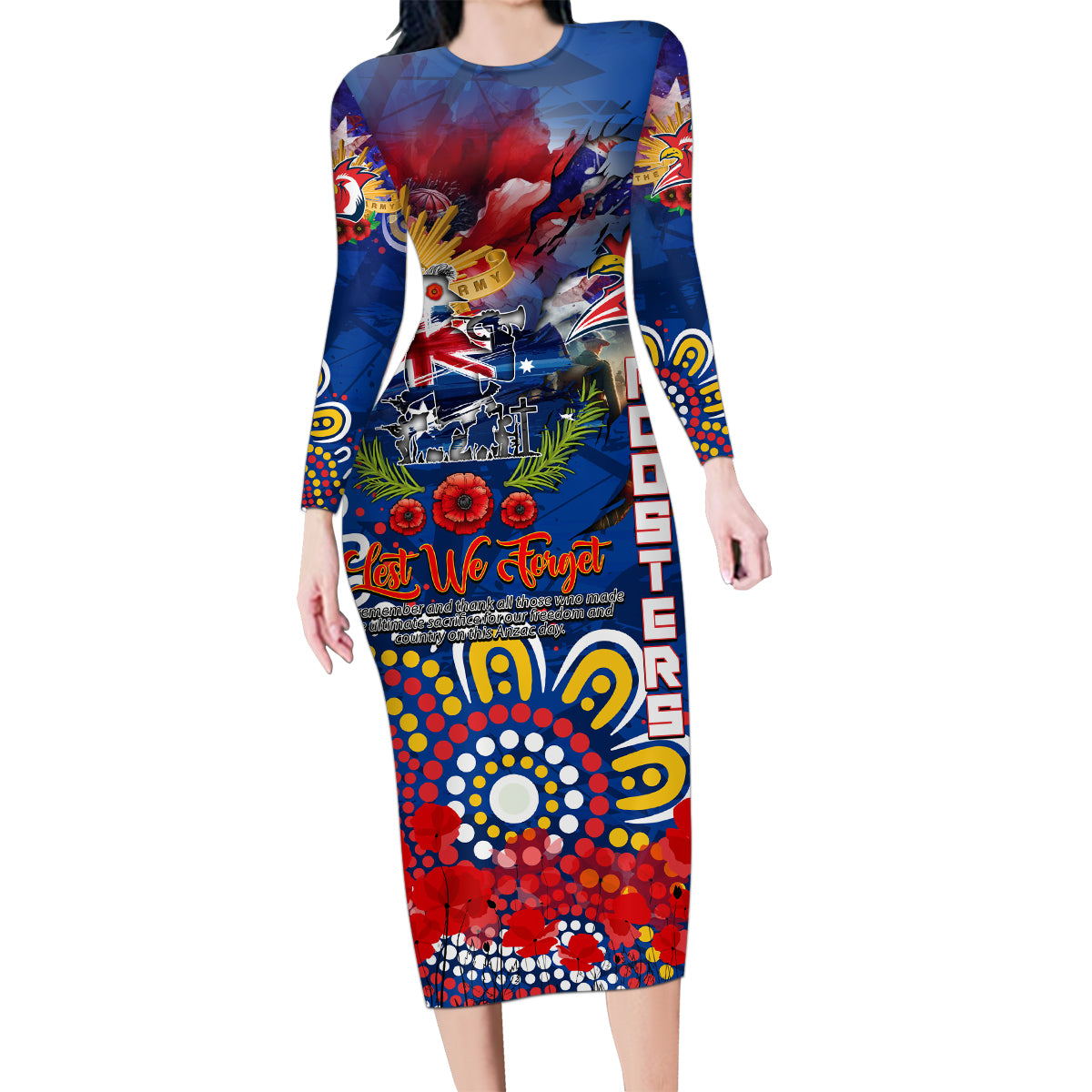 Personalised Australia Rugby Roosters ANZAC Family Matching Long Sleeve Bodycon Dress and Hawaiian Shirt Sydney Scratch Style