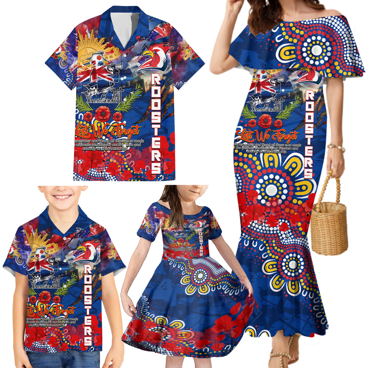 Personalised Australia Rugby Roosters ANZAC Family Matching Mermaid Dress and Hawaiian Shirt Sydney Scratch Style