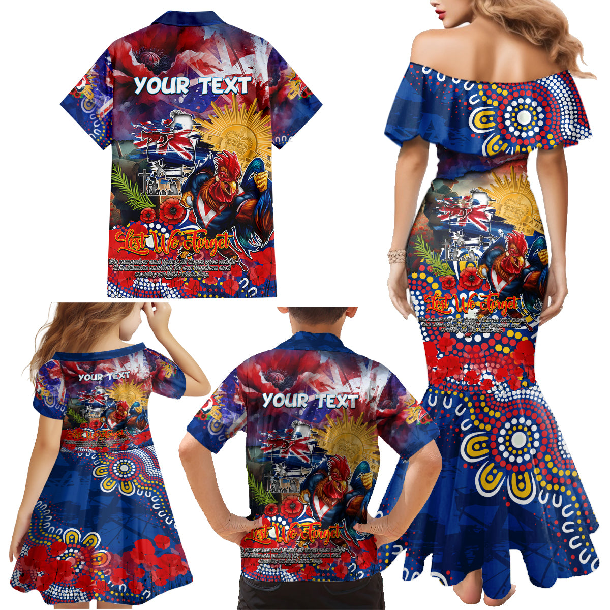 Personalised Australia Rugby Roosters ANZAC Family Matching Mermaid Dress and Hawaiian Shirt Sydney Scratch Style