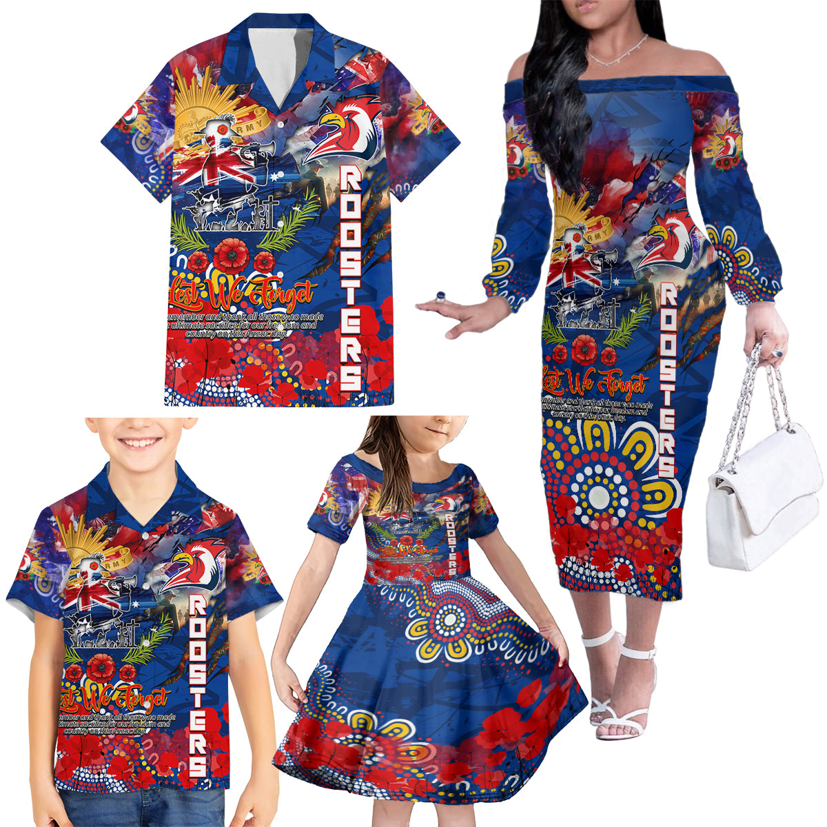 Personalised Australia Rugby Roosters ANZAC Family Matching Off The Shoulder Long Sleeve Dress and Hawaiian Shirt Sydney Scratch Style