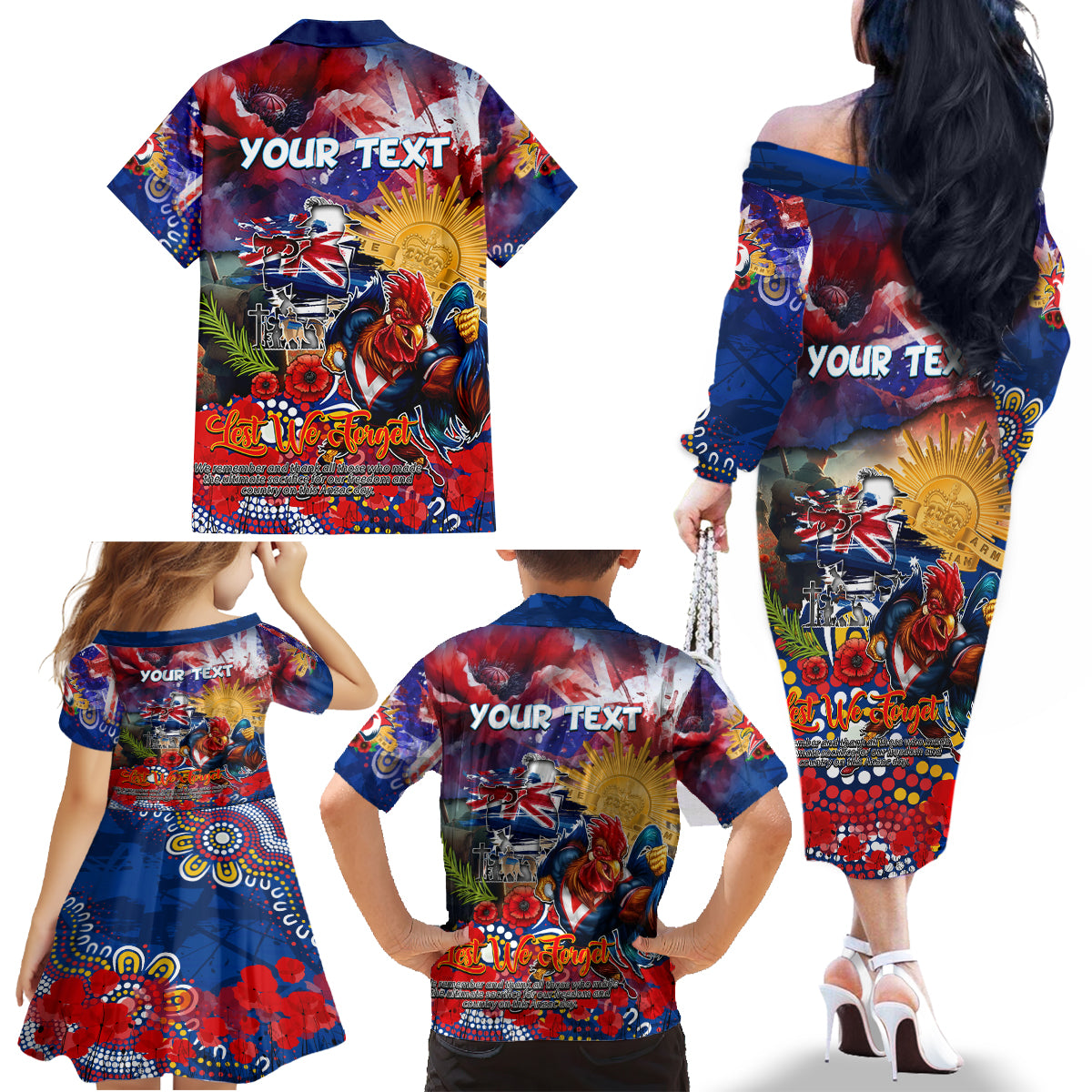 Personalised Australia Rugby Roosters ANZAC Family Matching Off The Shoulder Long Sleeve Dress and Hawaiian Shirt Sydney Scratch Style