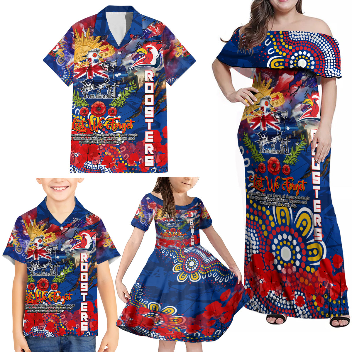 Personalised Australia Rugby Roosters ANZAC Family Matching Off Shoulder Maxi Dress and Hawaiian Shirt Sydney Scratch Style