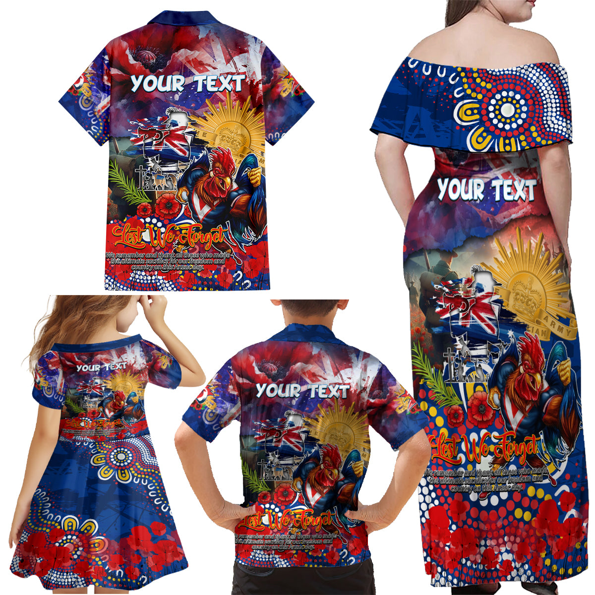 Personalised Australia Rugby Roosters ANZAC Family Matching Off Shoulder Maxi Dress and Hawaiian Shirt Sydney Scratch Style