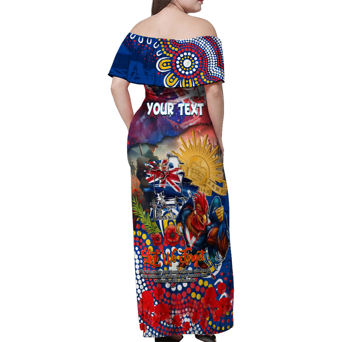 Personalised Australia Rugby Roosters ANZAC Family Matching Off Shoulder Maxi Dress and Hawaiian Shirt Sydney Scratch Style