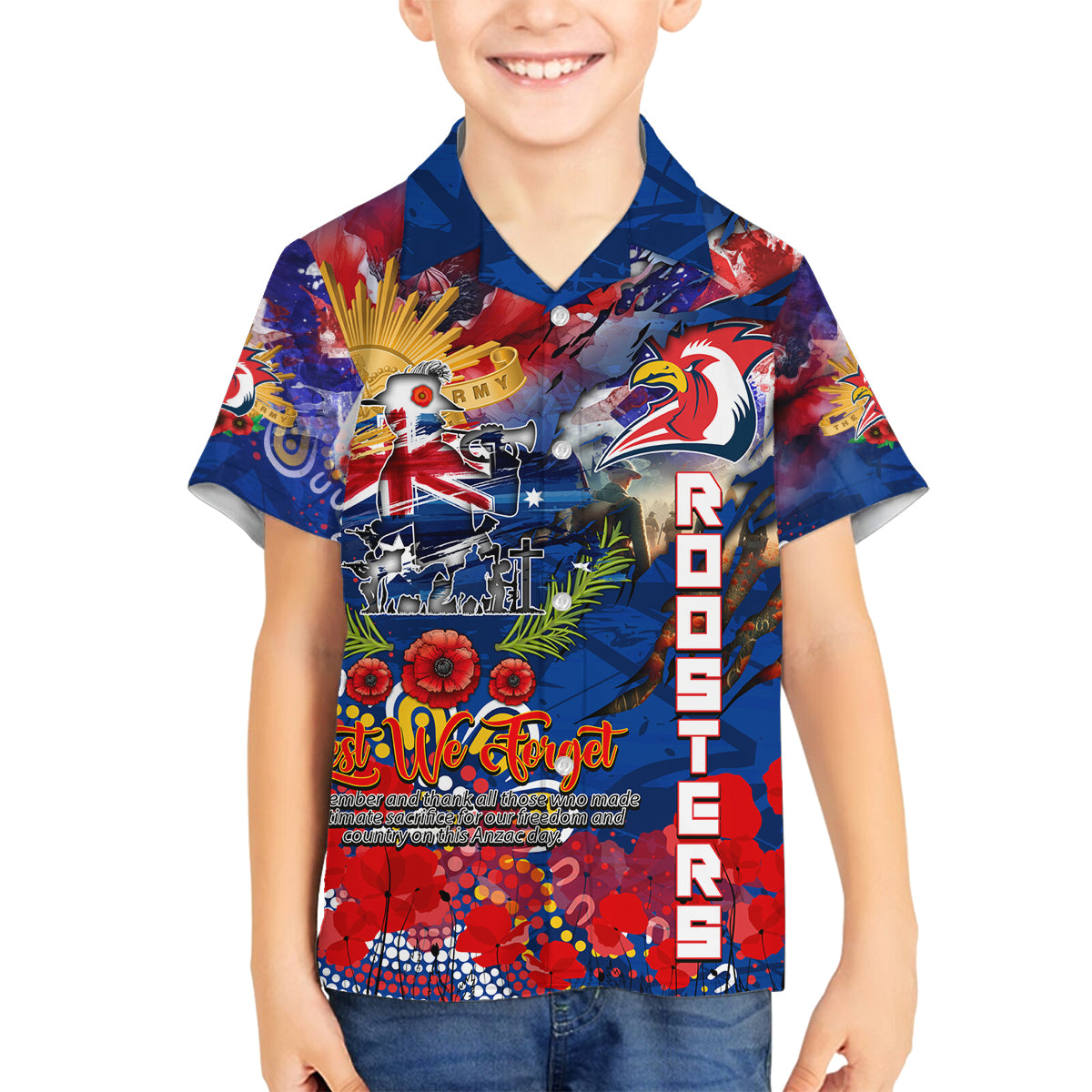 Personalised Australia Rugby Roosters ANZAC Family Matching Off Shoulder Maxi Dress and Hawaiian Shirt Sydney Scratch Style