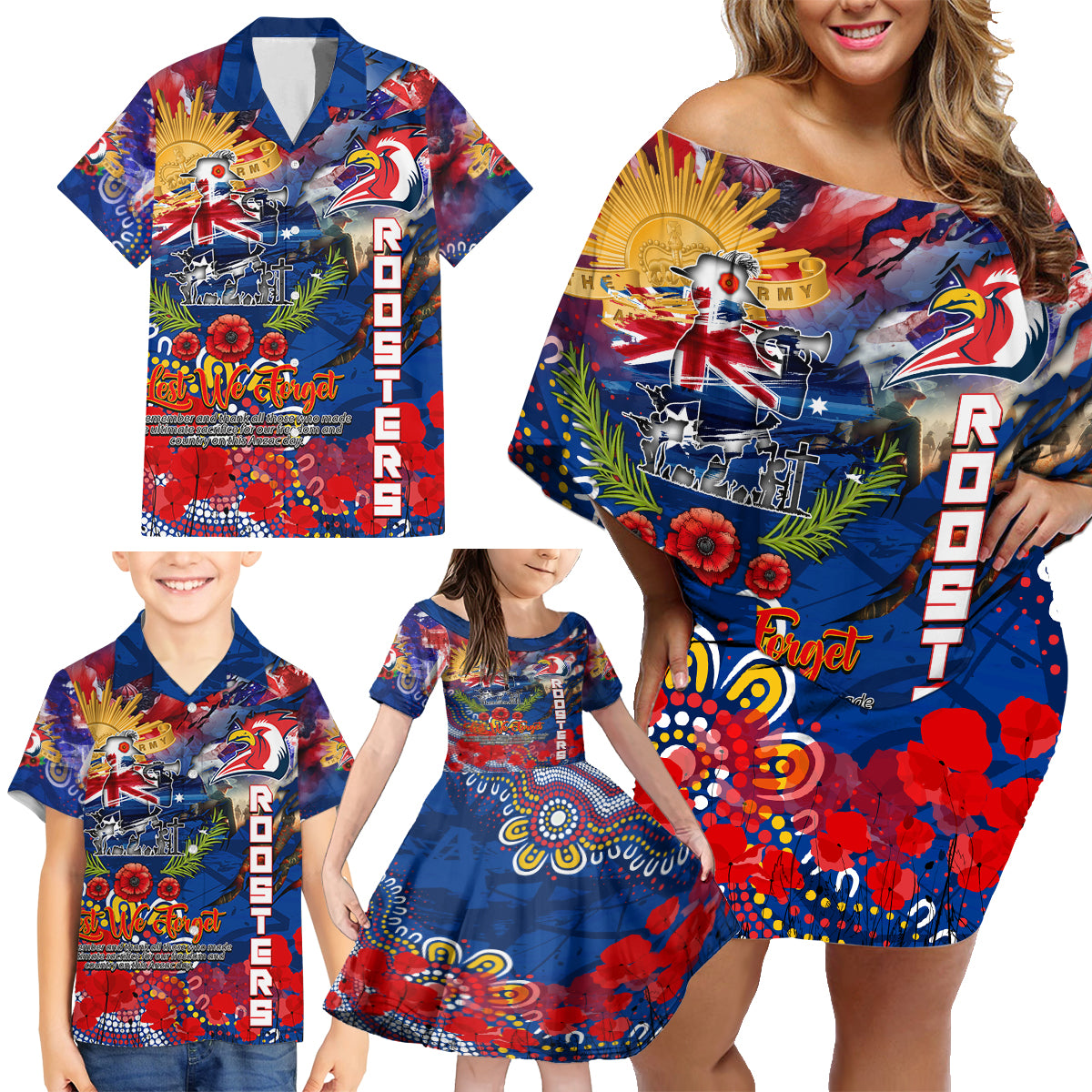 Personalised Australia Rugby Roosters ANZAC Family Matching Off Shoulder Short Dress and Hawaiian Shirt Sydney Scratch Style