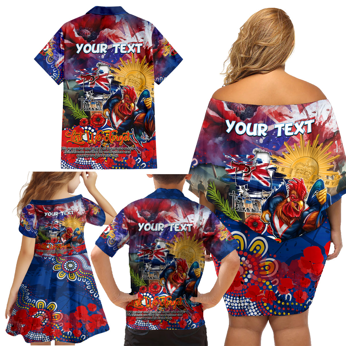 Personalised Australia Rugby Roosters ANZAC Family Matching Off Shoulder Short Dress and Hawaiian Shirt Sydney Scratch Style
