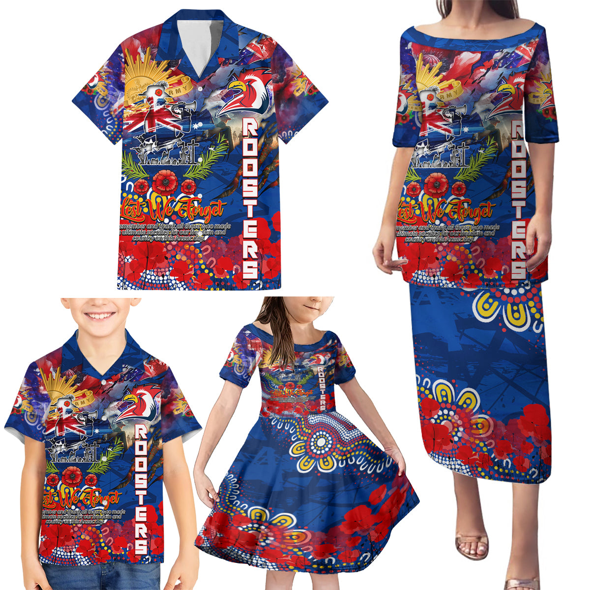 Personalised Australia Rugby Roosters ANZAC Family Matching Puletasi and Hawaiian Shirt Sydney Scratch Style