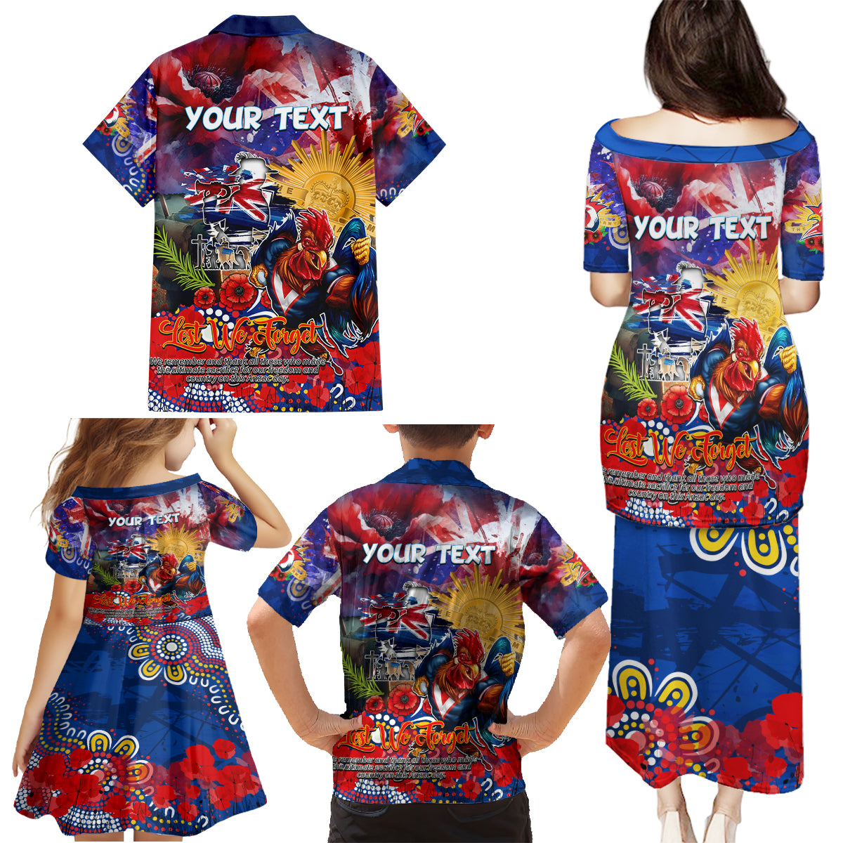 Personalised Australia Rugby Roosters ANZAC Family Matching Puletasi and Hawaiian Shirt Sydney Scratch Style