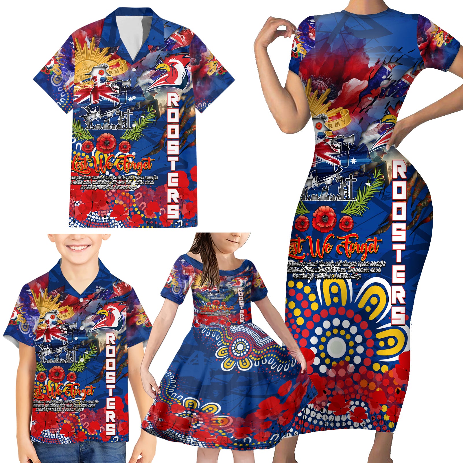 Personalised Australia Rugby Roosters ANZAC Family Matching Short Sleeve Bodycon Dress and Hawaiian Shirt Sydney Scratch Style