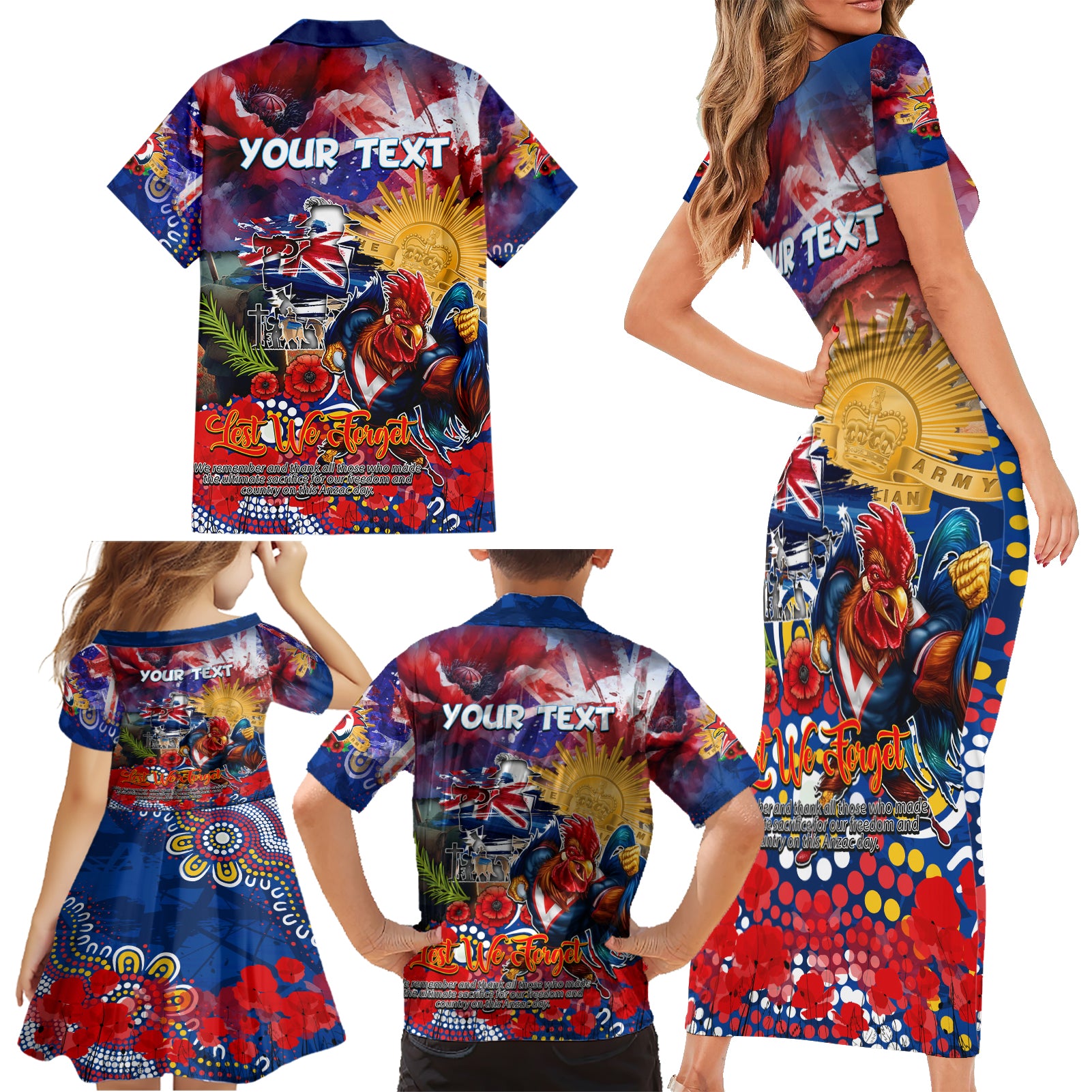 Personalised Australia Rugby Roosters ANZAC Family Matching Short Sleeve Bodycon Dress and Hawaiian Shirt Sydney Scratch Style