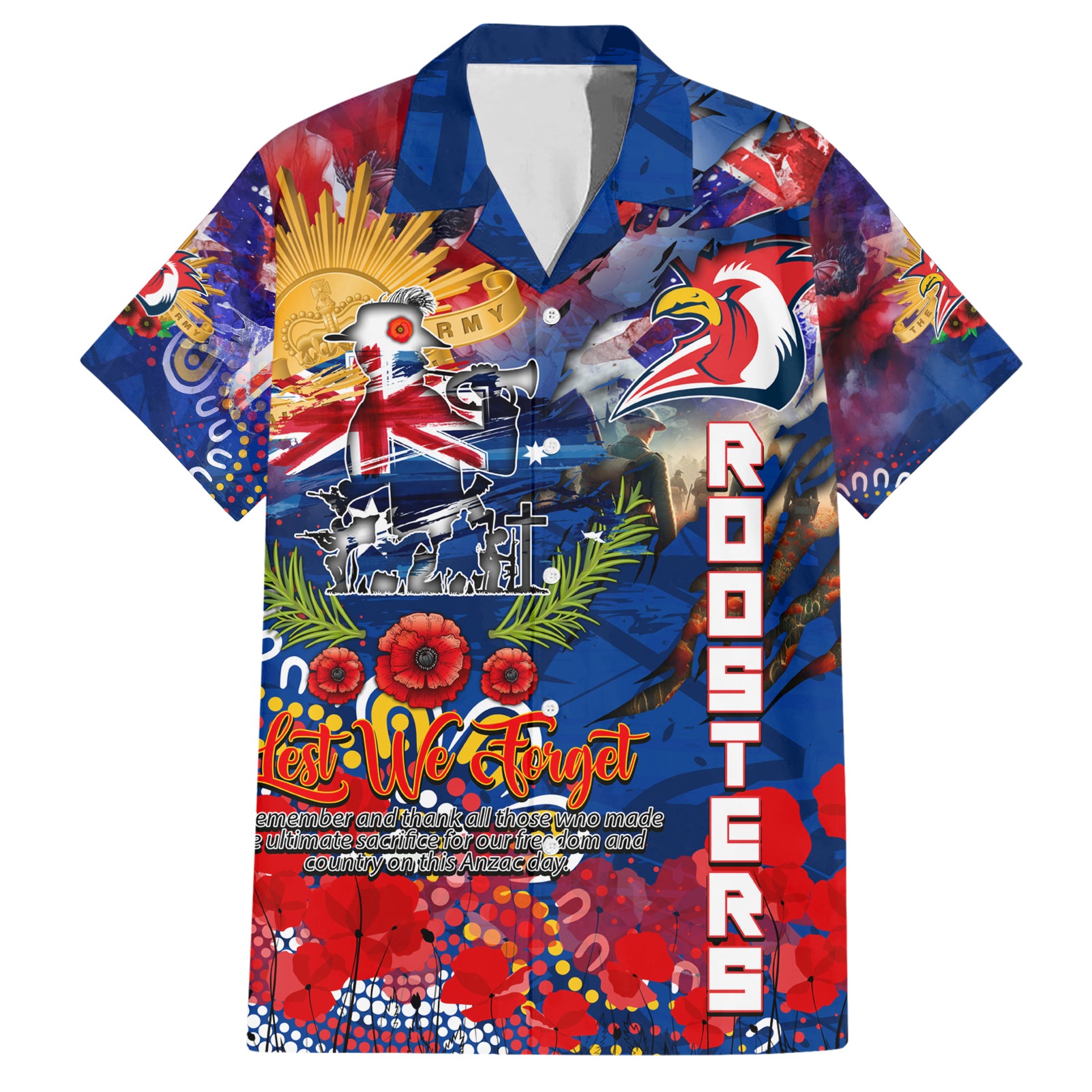 Personalised Australia Rugby Roosters ANZAC Family Matching Short Sleeve Bodycon Dress and Hawaiian Shirt Sydney Scratch Style