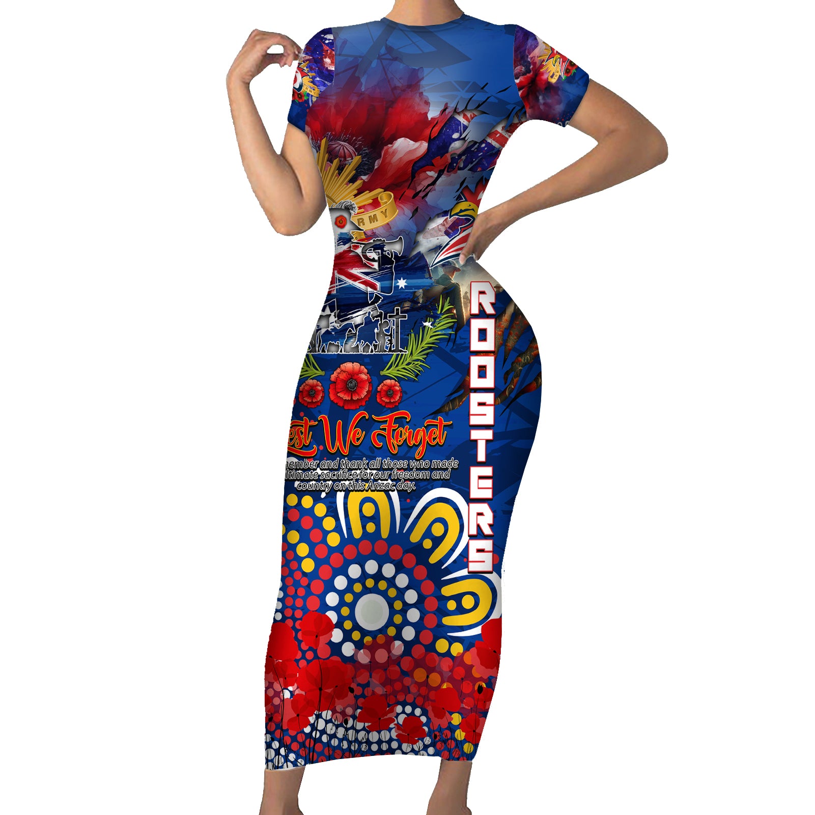 Personalised Australia Rugby Roosters ANZAC Family Matching Short Sleeve Bodycon Dress and Hawaiian Shirt Sydney Scratch Style