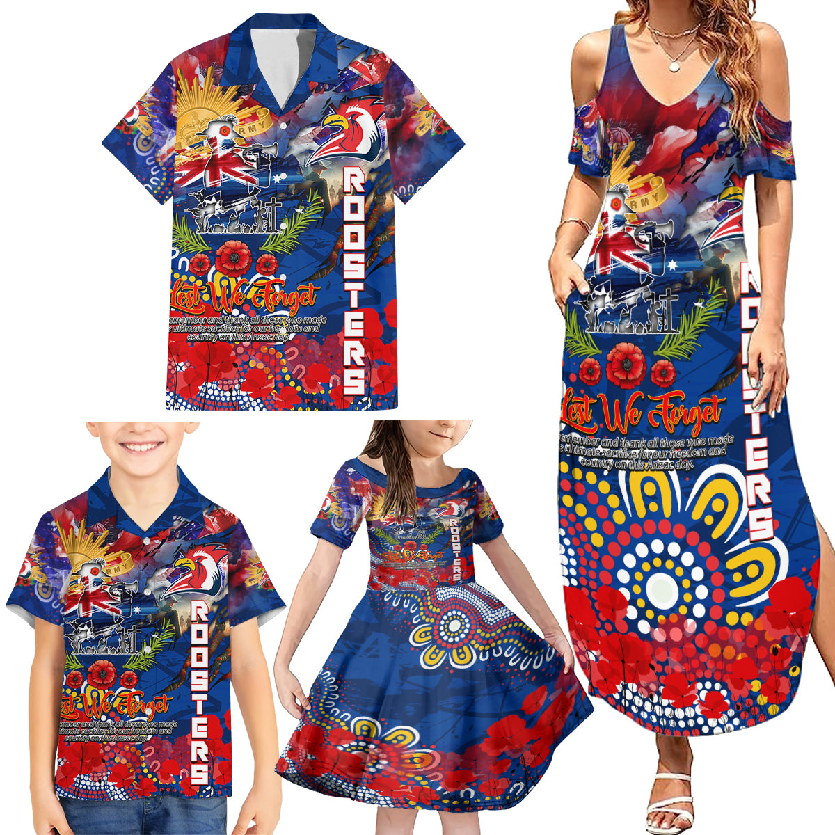Personalised Australia Rugby Roosters ANZAC Family Matching Summer Maxi Dress and Hawaiian Shirt Sydney Scratch Style
