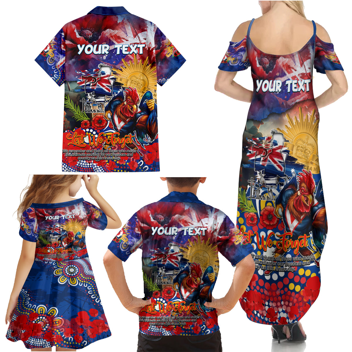 Personalised Australia Rugby Roosters ANZAC Family Matching Summer Maxi Dress and Hawaiian Shirt Sydney Scratch Style