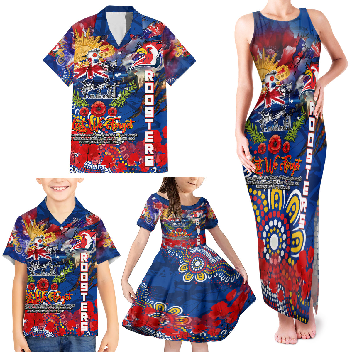 Personalised Australia Rugby Roosters ANZAC Family Matching Tank Maxi Dress and Hawaiian Shirt Sydney Scratch Style