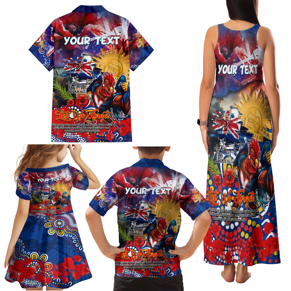 Personalised Australia Rugby Roosters ANZAC Family Matching Tank Maxi Dress and Hawaiian Shirt Sydney Scratch Style
