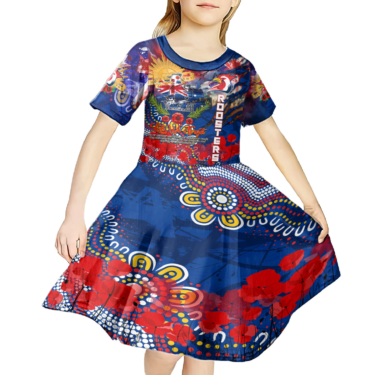 Personalised Australia Rugby Roosters ANZAC Kid Short Sleeve Dress Sydney Scratch Style - Vibe Hoodie Shop