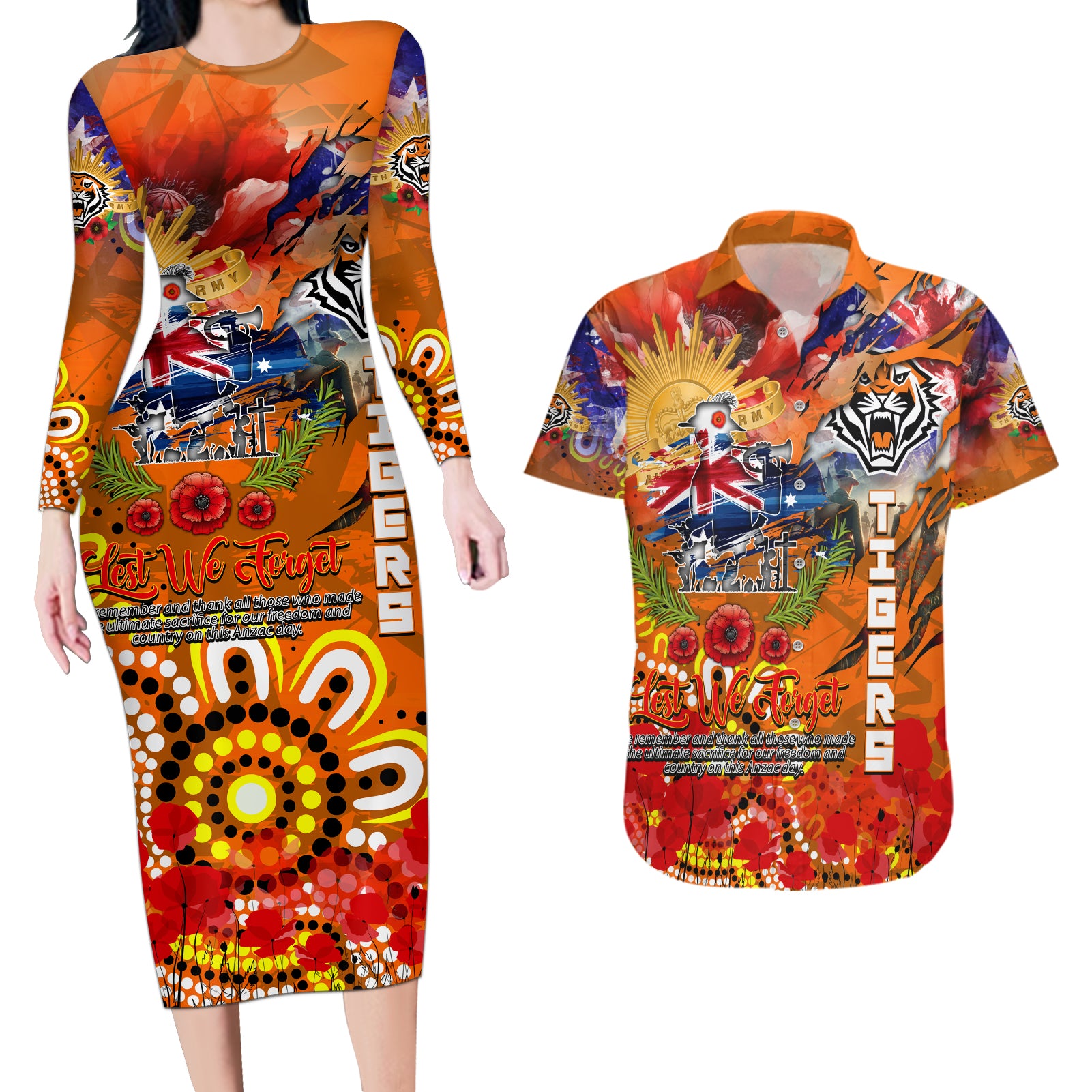 Personalised Australia Rugby Tigers ANZAC Couples Matching Long Sleeve Bodycon Dress and Hawaiian Shirt Wests Scratch Style